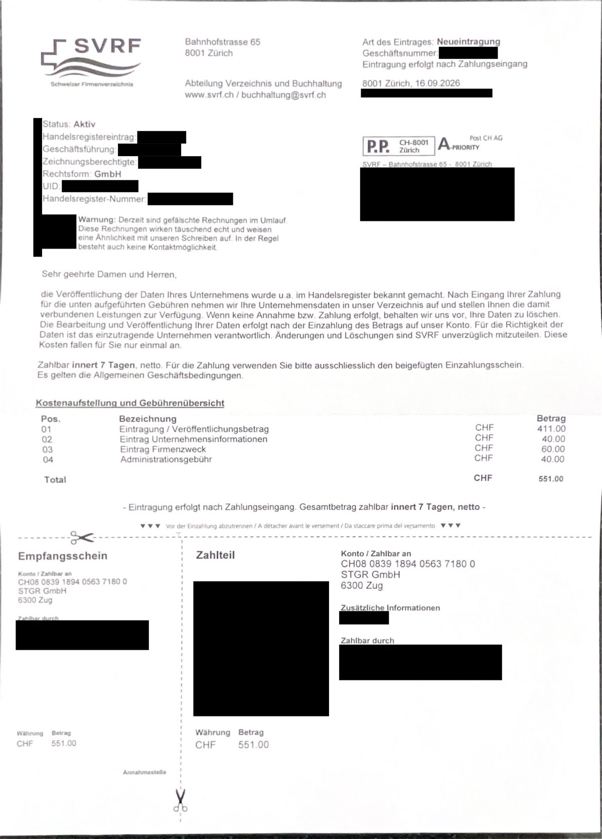 Rechnung des «SVRF – Schweizer Firmenverzeichnis» über CHF 551.00, Angaben der Empfängerfirma geschwärzt.